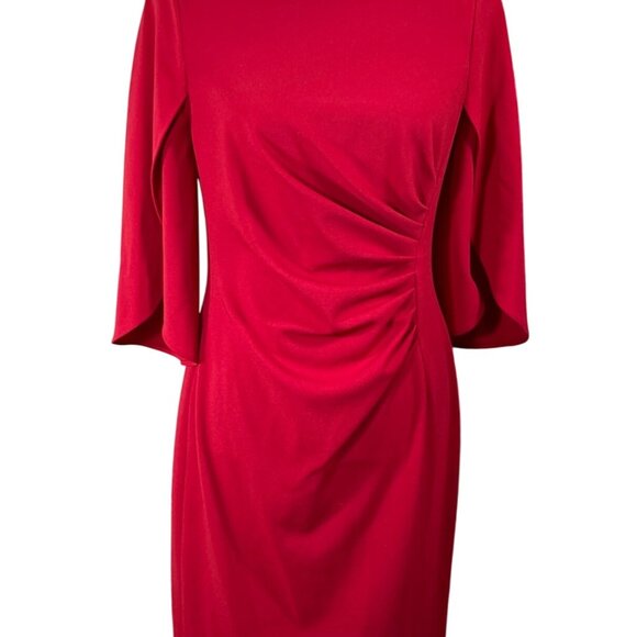 DKNY Open Sleeve Ruched Sheath Dress Size 8 Red Holiday - Picture 1 of 8